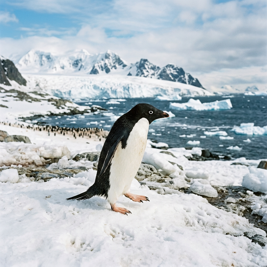Adelie penguin standing on snow near rocky shore with icy ocean and mountains