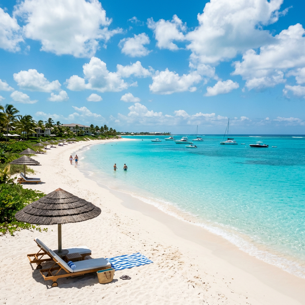 Tropical beach with white sand, sun loungers under thatched umbrellas, people walking and swimming, and boats anchored in turquoise ocean