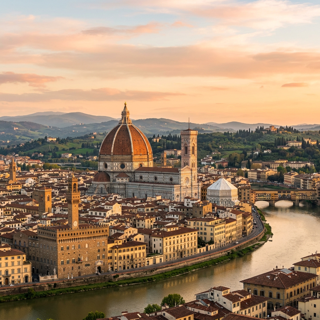 Florence cityscape with Duomo cathedral and Arno River at sunset