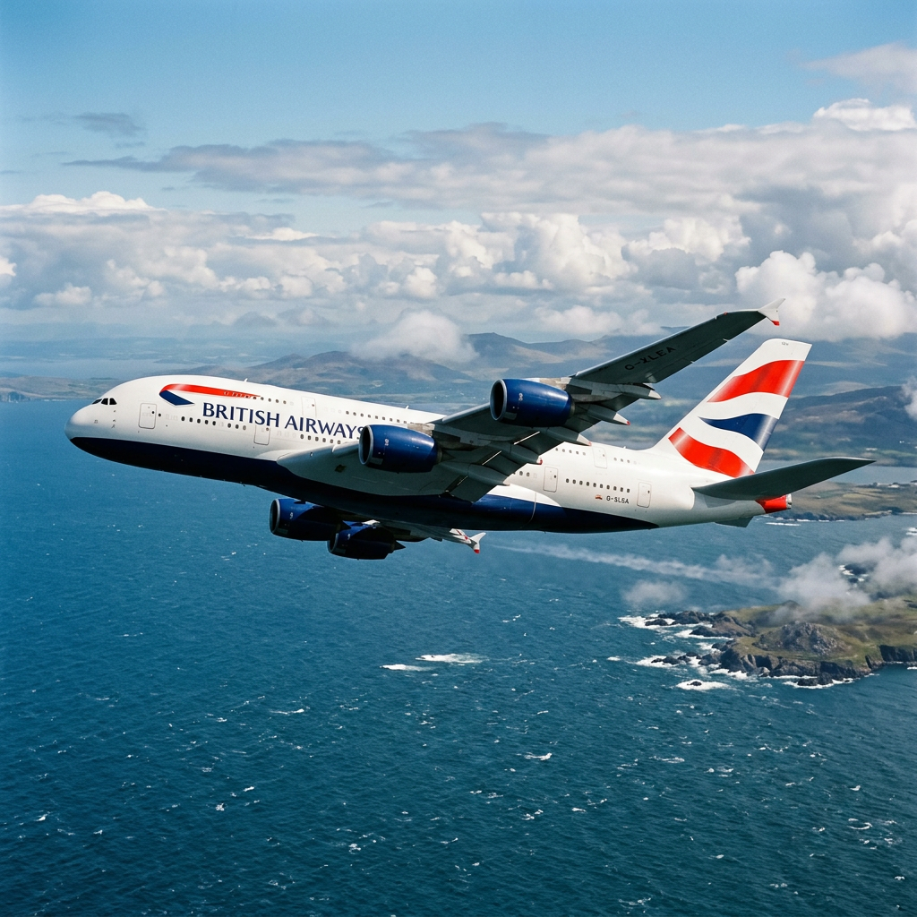 British Airways Airbus A380 airplane flying over ocean near coastline