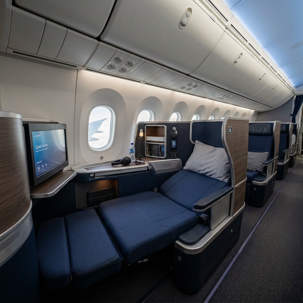 Passenger lying fully reclined in a flat business class airplane seat covered with a blanket