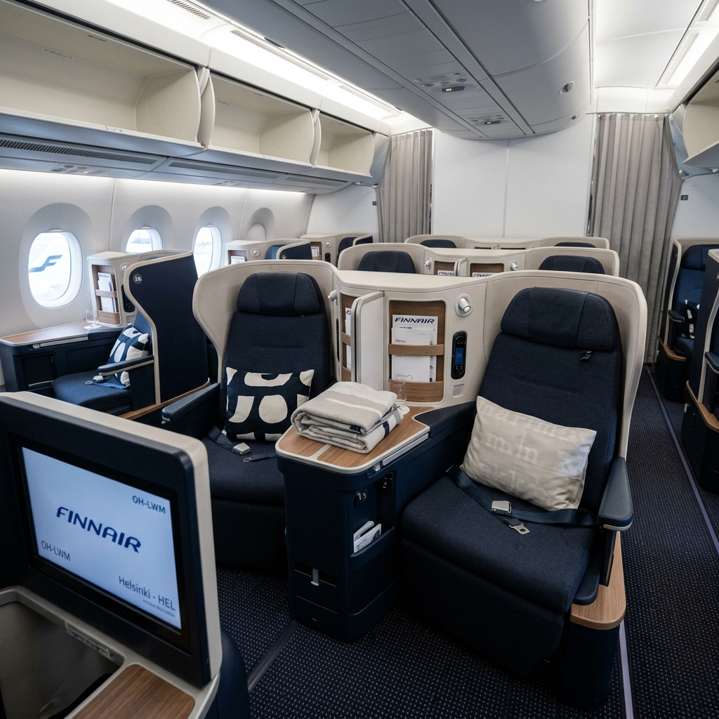 Finnair business class cabin with pod seats, bedding, and entertainment screens