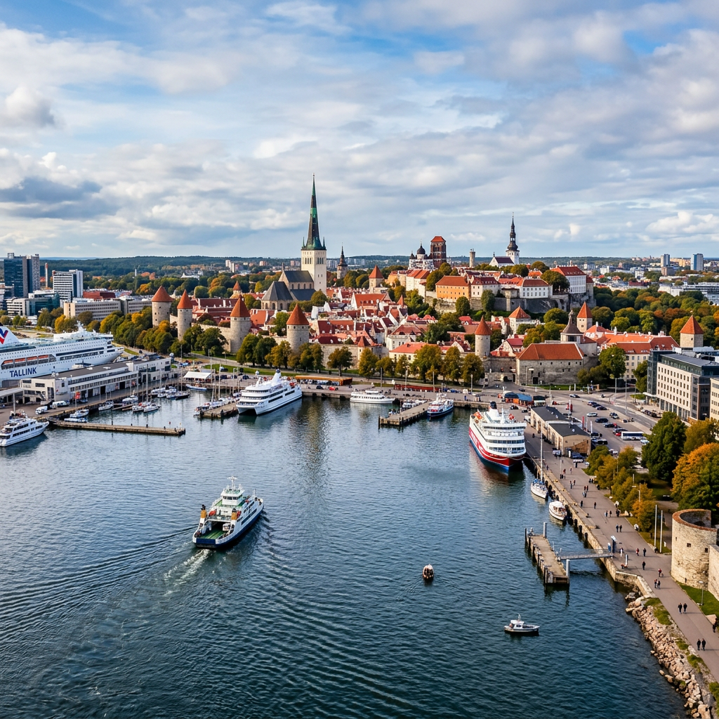 Aerial view of Tallinn Harbor, ferries, and medieval Old Town