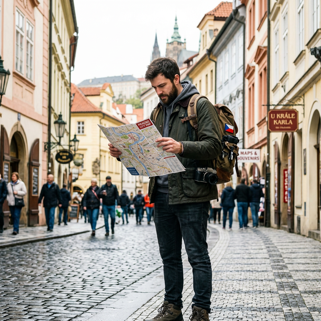Traveler studying a Prague city map on a cobblestone street; signs read “PRAGUE CITY MAP,” “U KRÁLE KARLA,” and “MAPS & SOUVENIRS.”