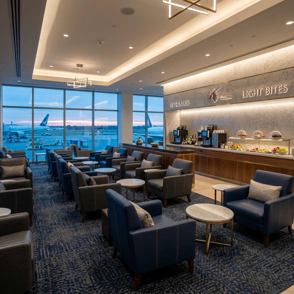 Airport lounge with seating, refreshments, and signs reading BEVERAGES and LIGHT BITES